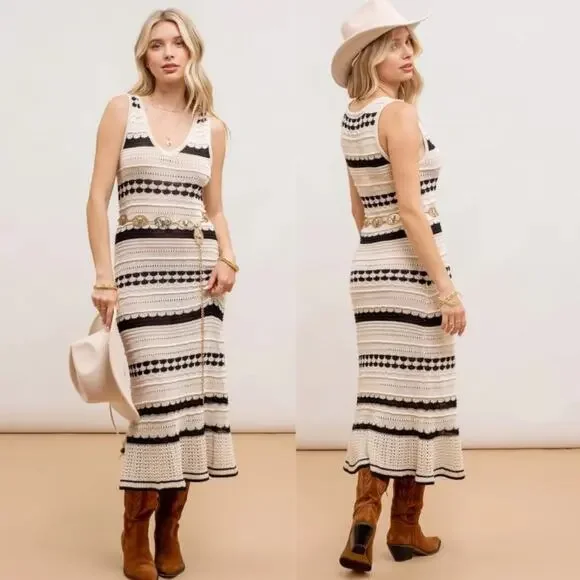 New $249 JOIE Crochet Knit Midi Dress Sleeveless Striped Ivory Coastal Chic M - Picture 2 of 15